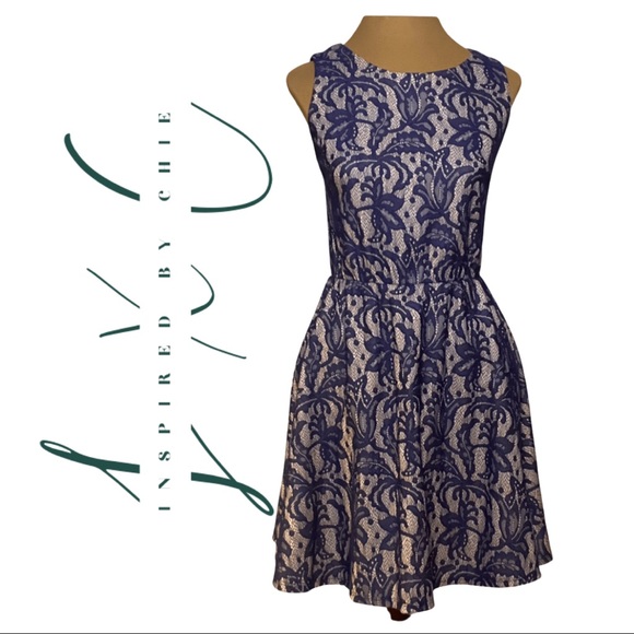 Three Hearts Blue Lace Detail Fit and Flare Dress - Picture 1 of 6